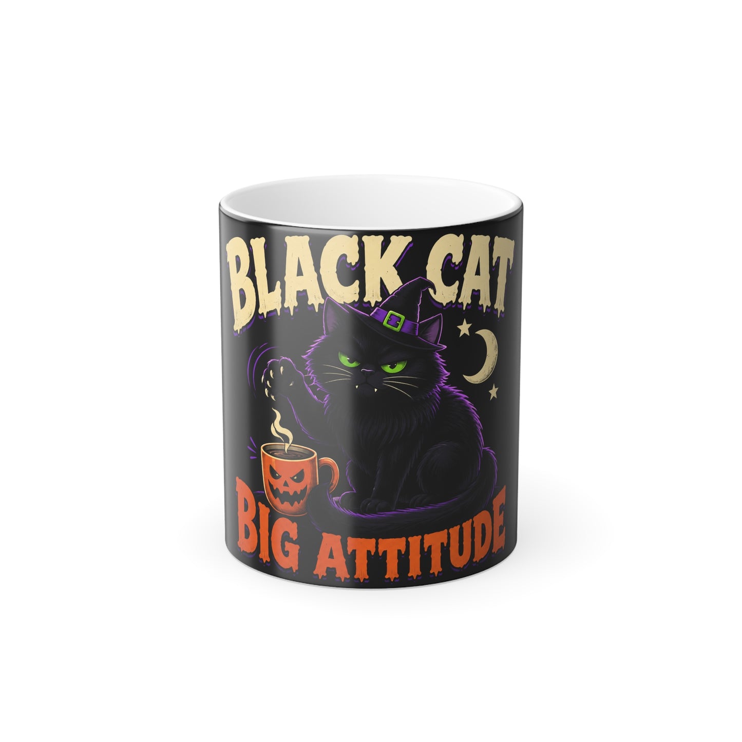 Color-Changing Mug — "Black Cat, Big Attitude" Halloween Coffee Mug (11oz)