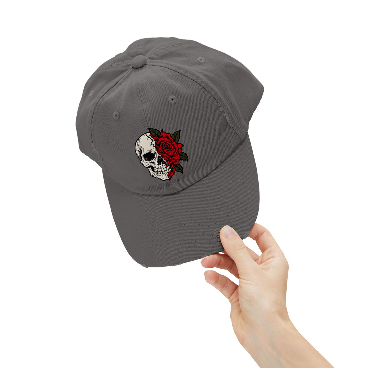 Skull & Rose Distressed Cap — Gothic Floral Baseball Hat