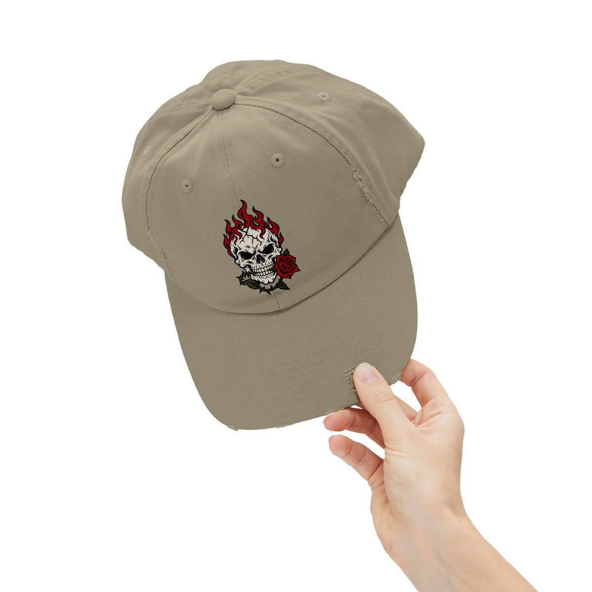 Distressed Cap — Flaming Skull with Rose