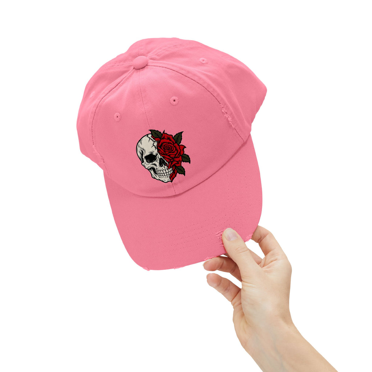 Skull & Rose Distressed Cap — Gothic Floral Baseball Hat