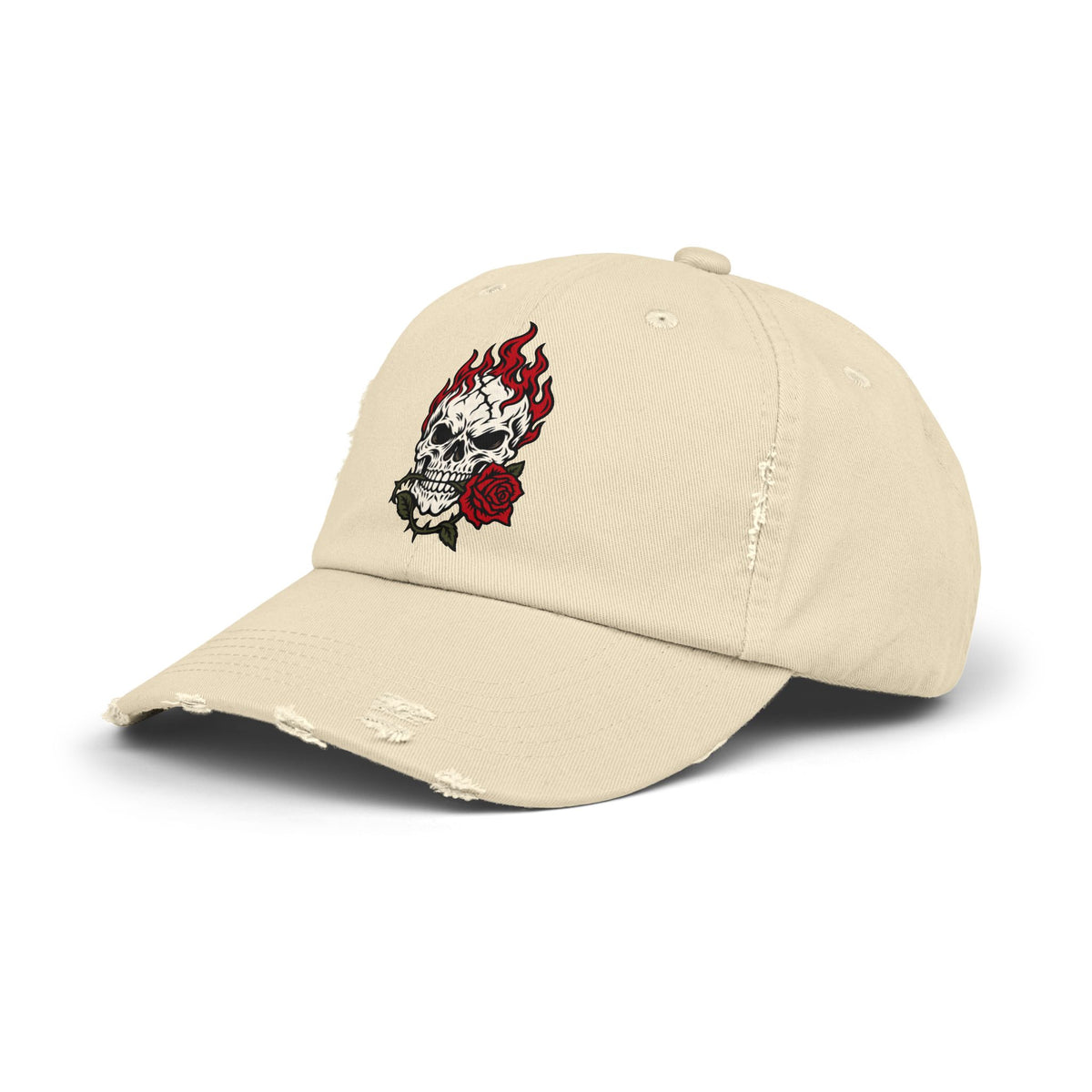 Distressed Cap — Flaming Skull with Rose