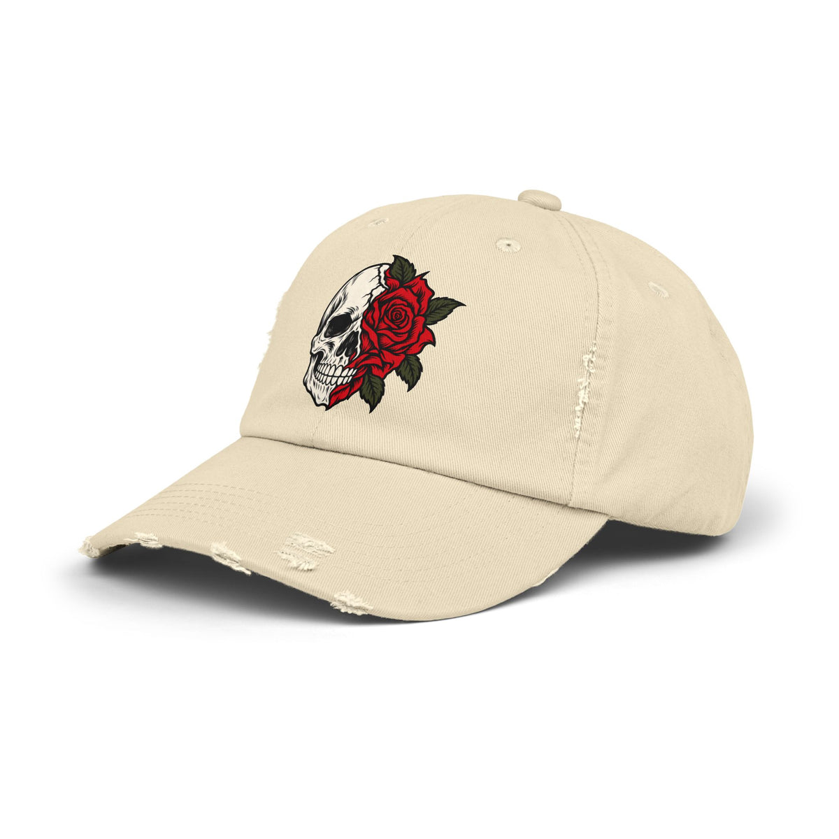 Skull & Rose Distressed Cap — Gothic Floral Baseball Hat