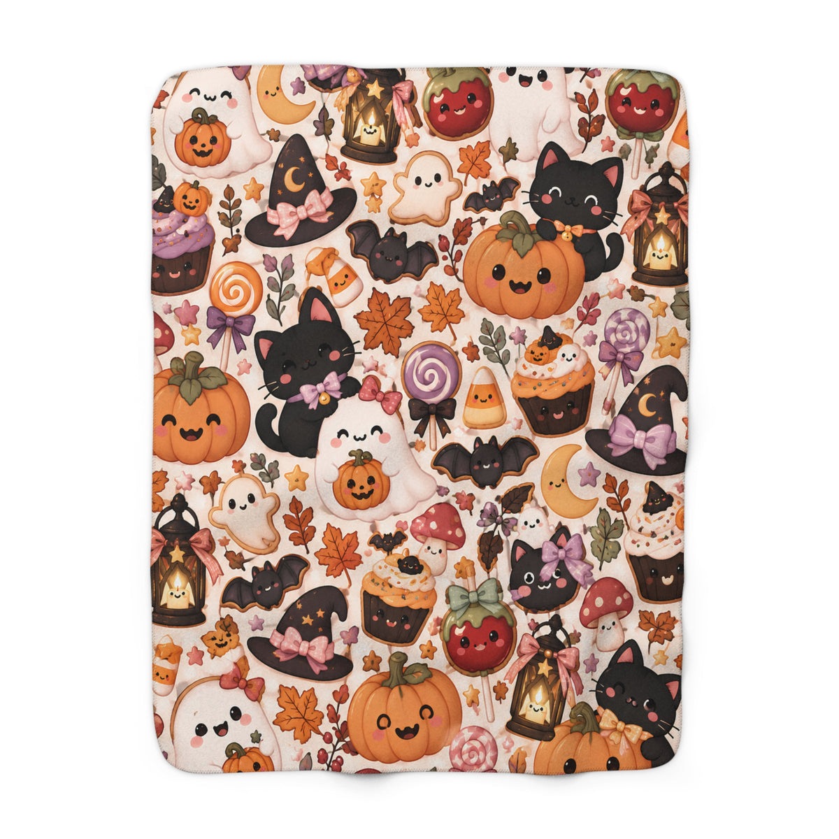 Halloween Cute Pattern Sherpa Blanket — Kawaii Pumpkins, Cats & Ghosts Cozy Throw