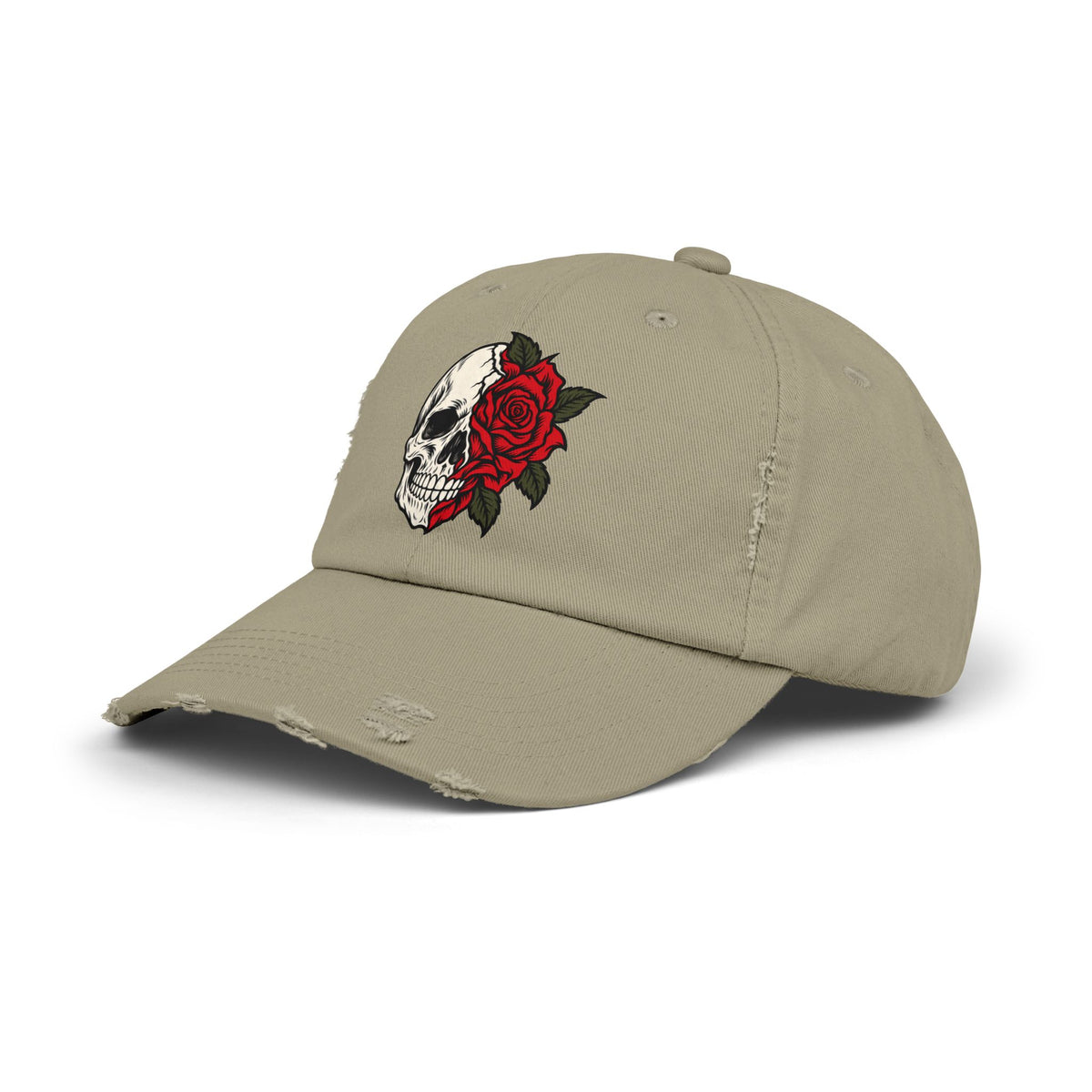 Skull & Rose Distressed Cap — Gothic Floral Baseball Hat