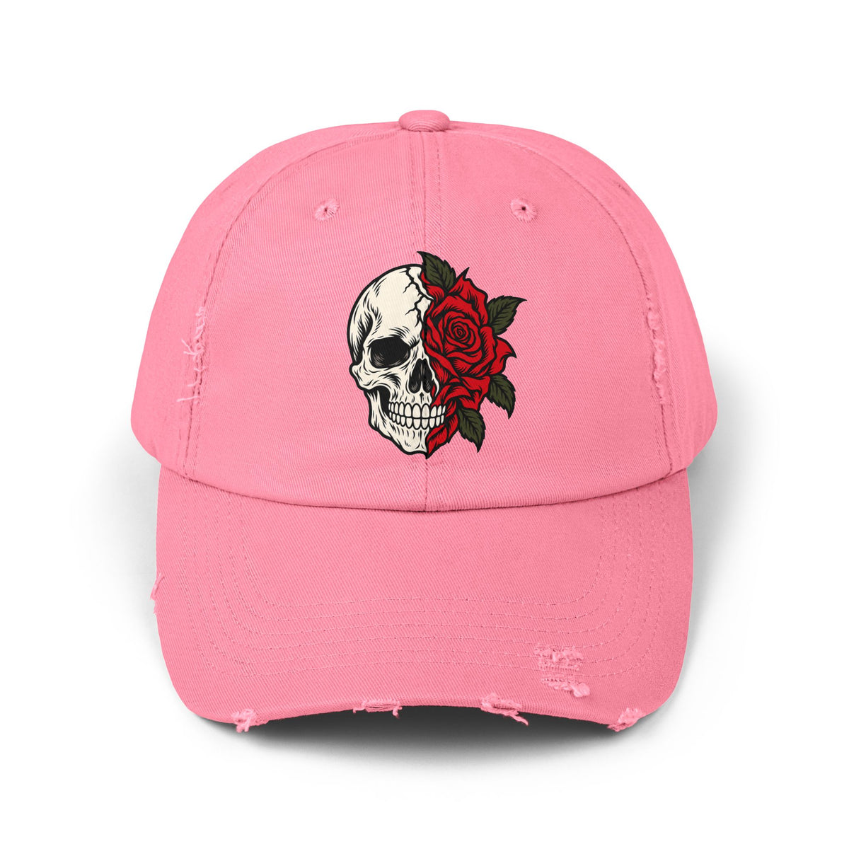Skull & Rose Distressed Cap — Gothic Floral Baseball Hat