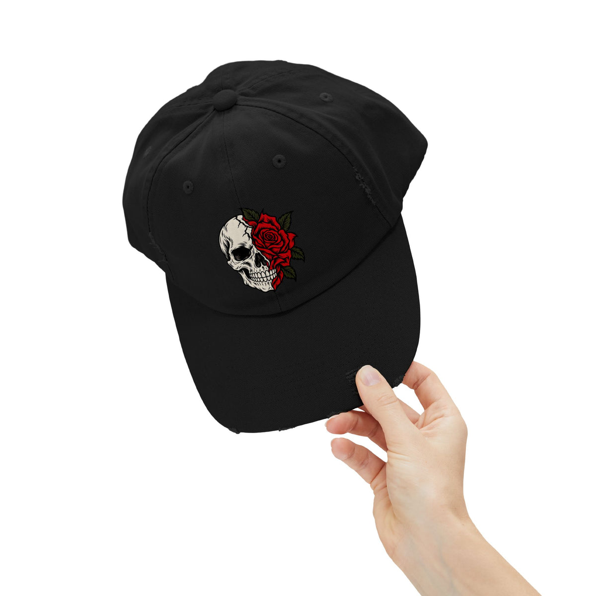 Skull & Rose Distressed Cap — Gothic Floral Baseball Hat