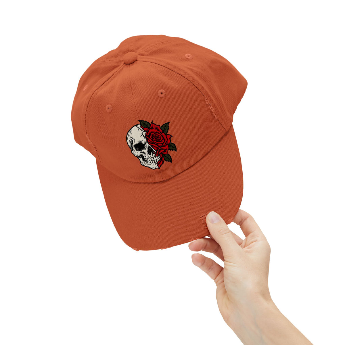 Skull & Rose Distressed Cap — Gothic Floral Baseball Hat