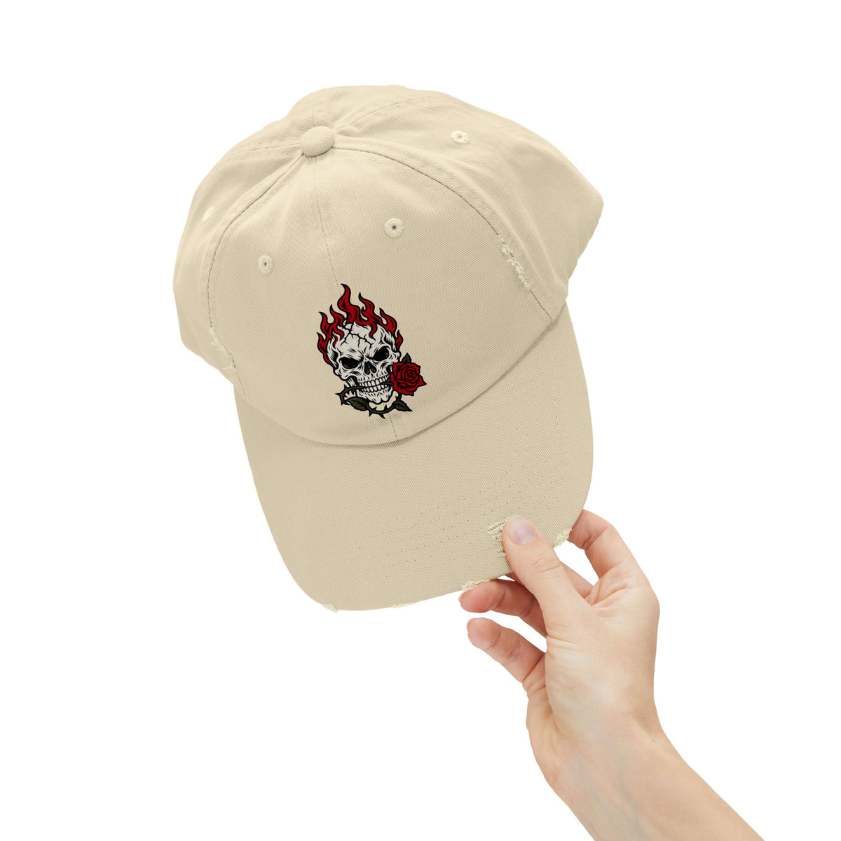 Distressed Cap — Flaming Skull with Rose