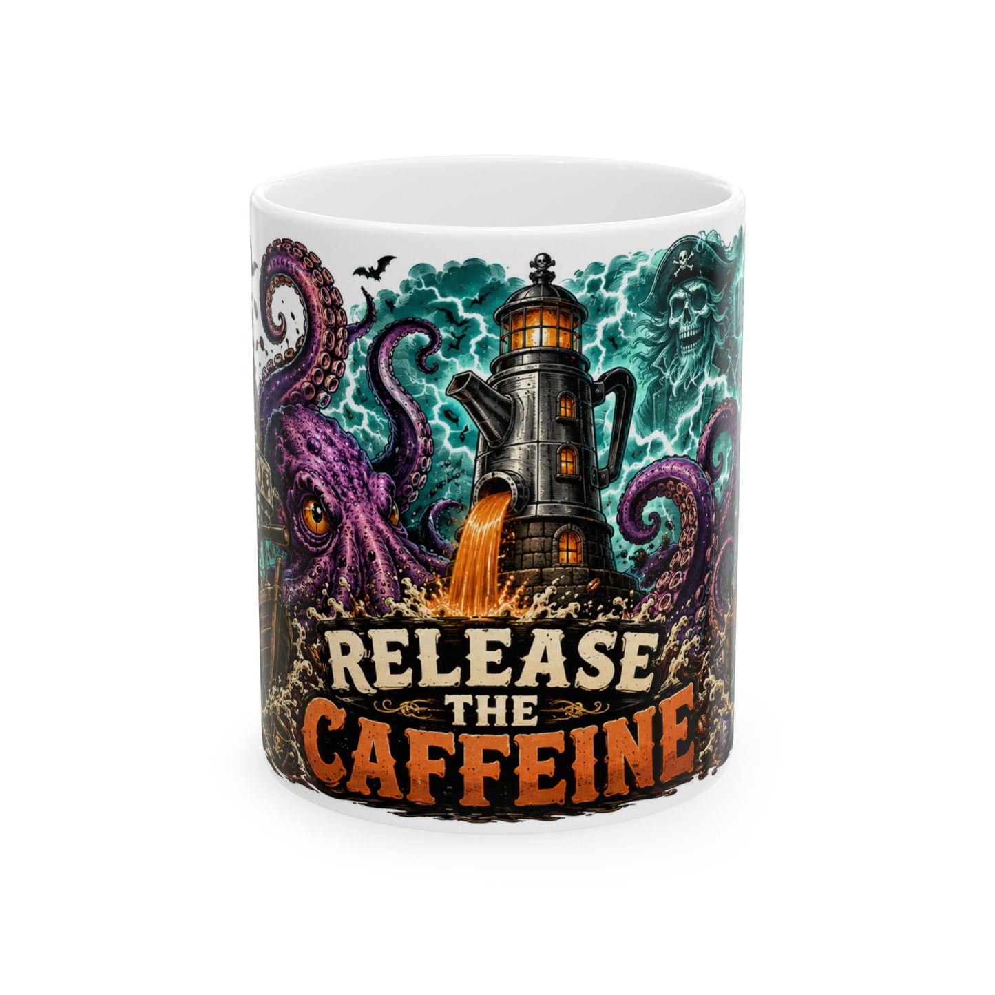 Release the Caffeine Ceramic Mug — Octopus Lighthouse Coffee Lover Mug (11oz/15oz)