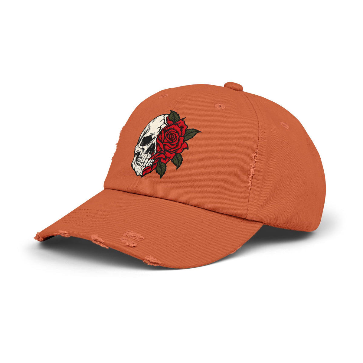 Skull & Rose Distressed Cap — Gothic Floral Baseball Hat