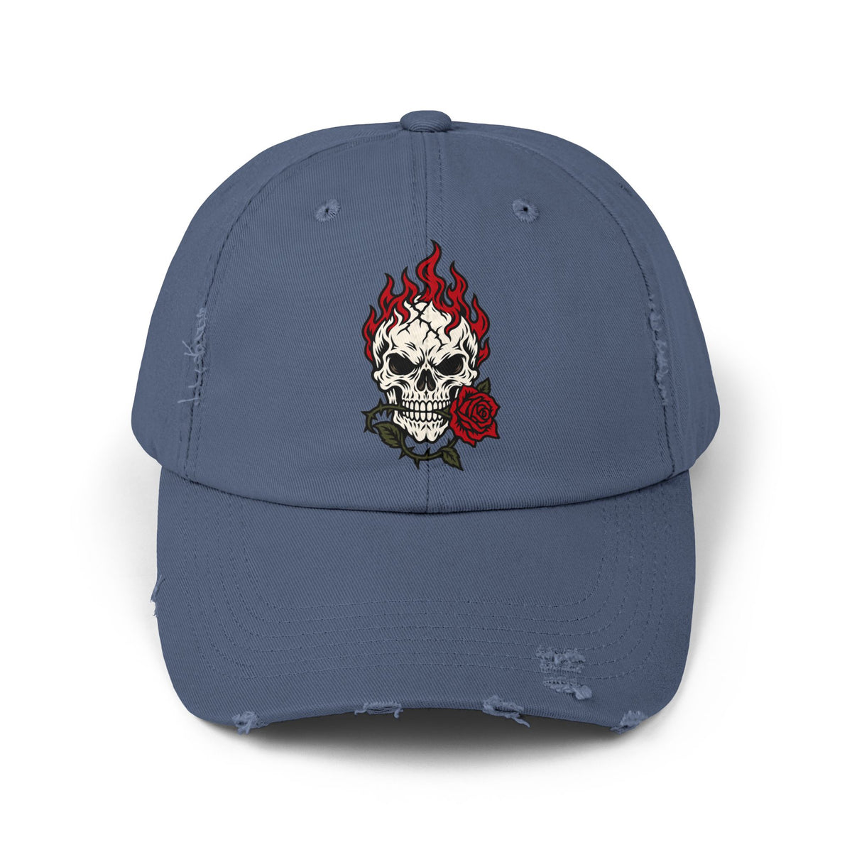 Distressed Cap — Flaming Skull with Rose