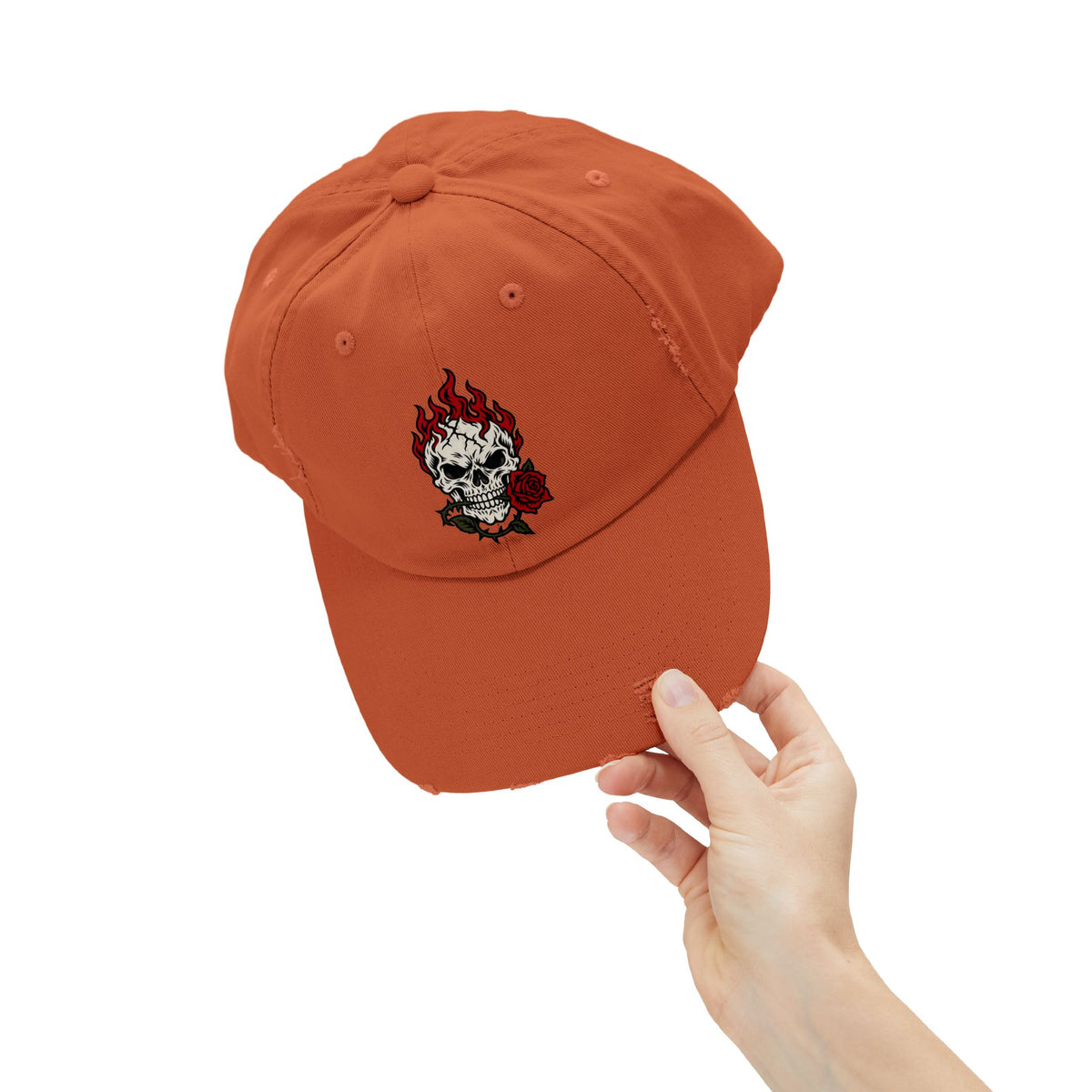 Distressed Cap — Flaming Skull with Rose