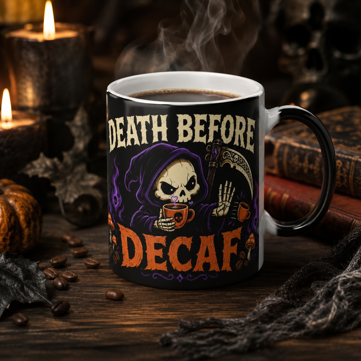 Death Before Decaf Color-Changing Mug — 11oz Funny Gothic Coffee Cup
