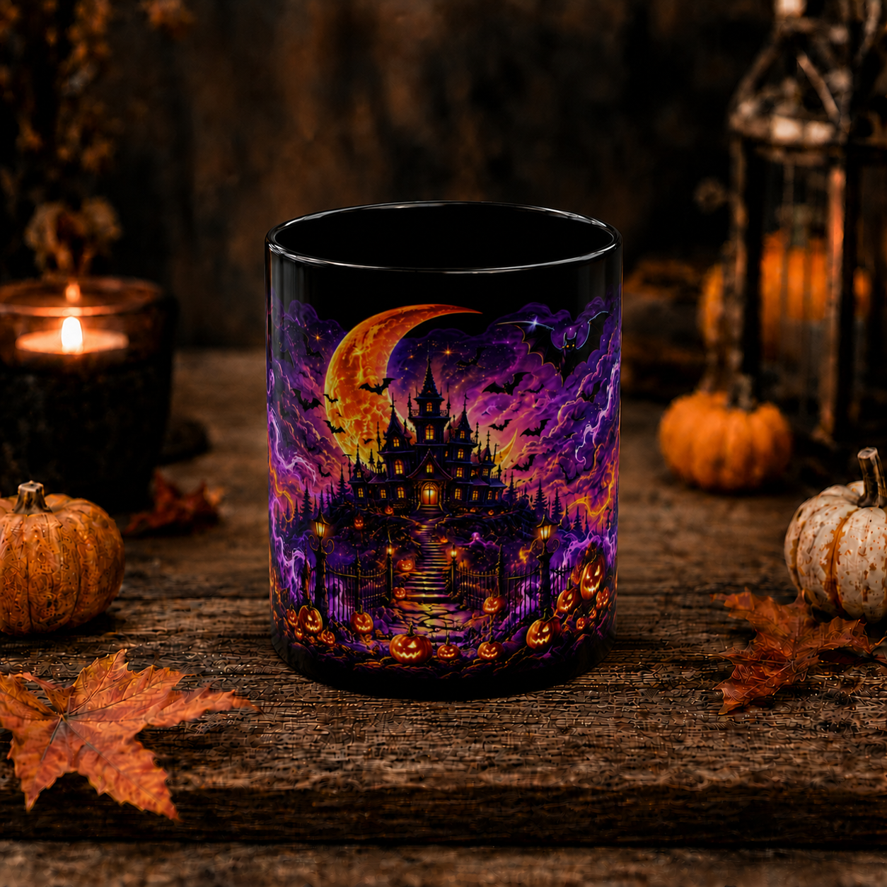 Halloween Haunted Castle Mug — Spooky Pumpkin & Bat Coffee Cup (11oz, 15oz)