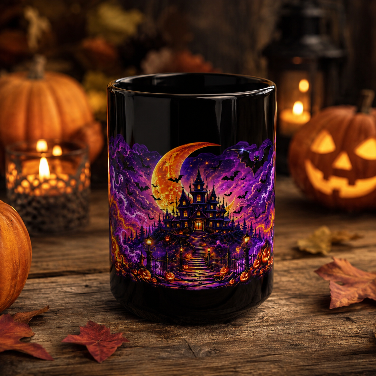 Halloween Haunted Castle Mug — Spooky Pumpkin & Bat Coffee Cup (11oz, 15oz)