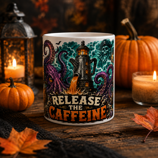 Release the Caffeine Ceramic Mug — Octopus Lighthouse Coffee Lover Mug (11oz/15oz)