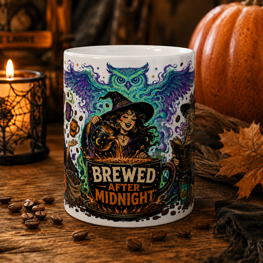 Brewed After Midnight Ceramic Mug – Halloween Witch Coffee Cup (11oz & 15oz)