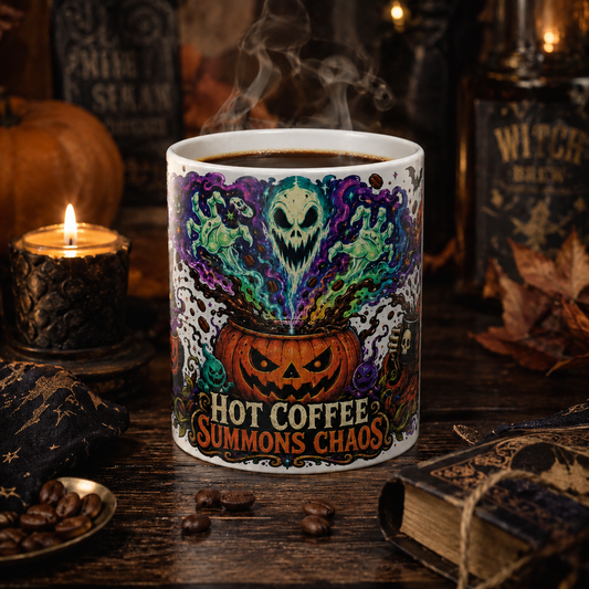 Color-Changing Mug — "Hot Coffee Summons Chaos" Halloween Pumpkin Ghost Design, 11oz