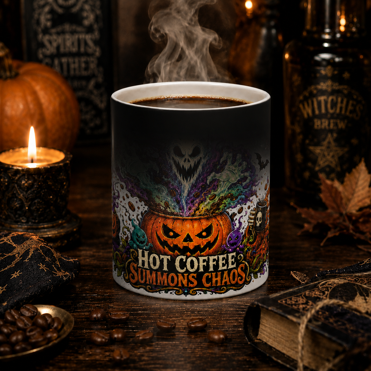 Color-Changing Mug — "Hot Coffee Summons Chaos" Halloween Pumpkin Ghost Design, 11oz