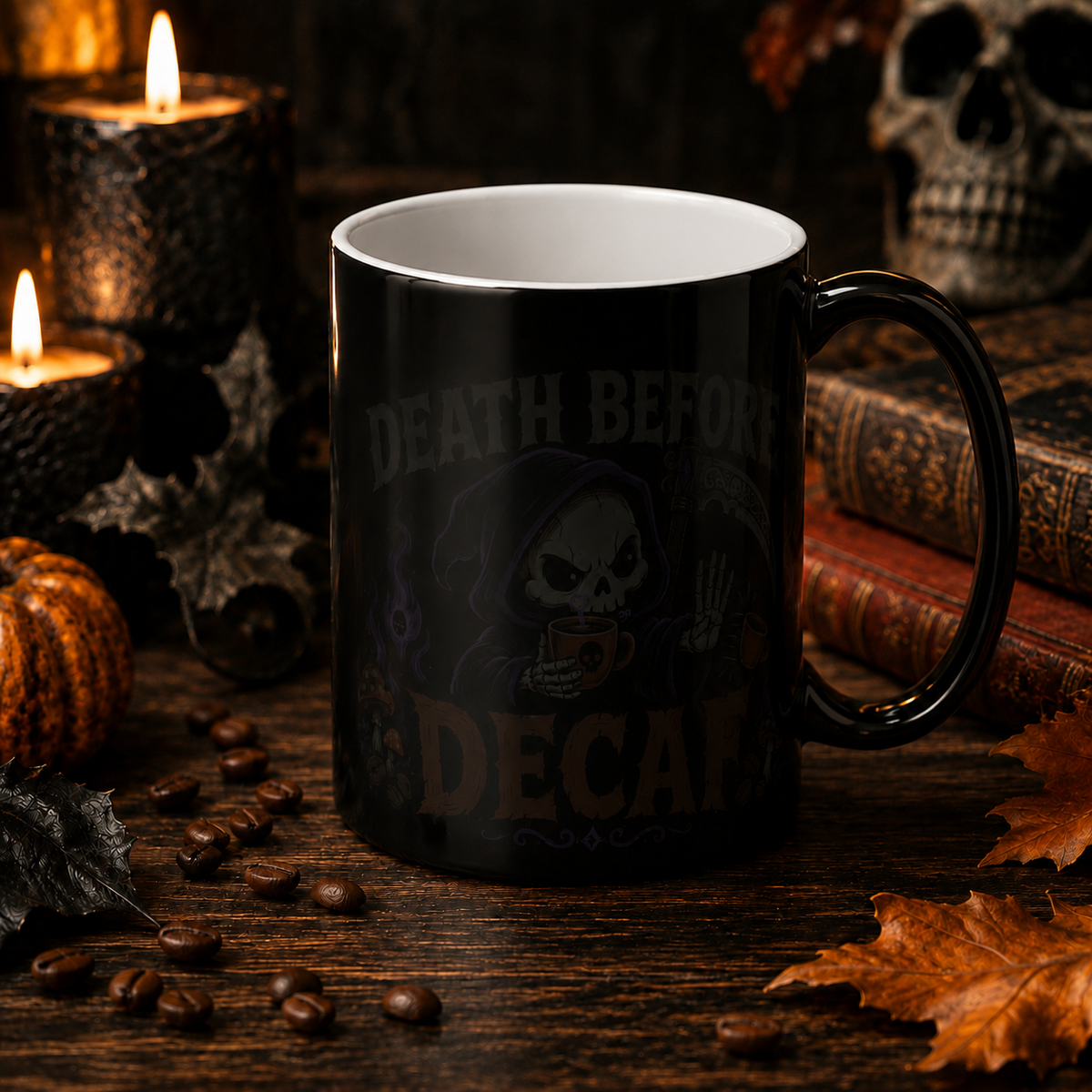 Death Before Decaf Color-Changing Mug — 11oz Funny Gothic Coffee Cup