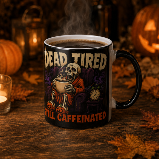 Color-Changing Mug — "Dead Tired, Still Caffeinated" Skeleton Coffee Cup (11oz)