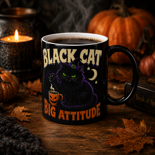 Color-Changing Mug — "Black Cat, Big Attitude" Halloween Coffee Mug (11oz)