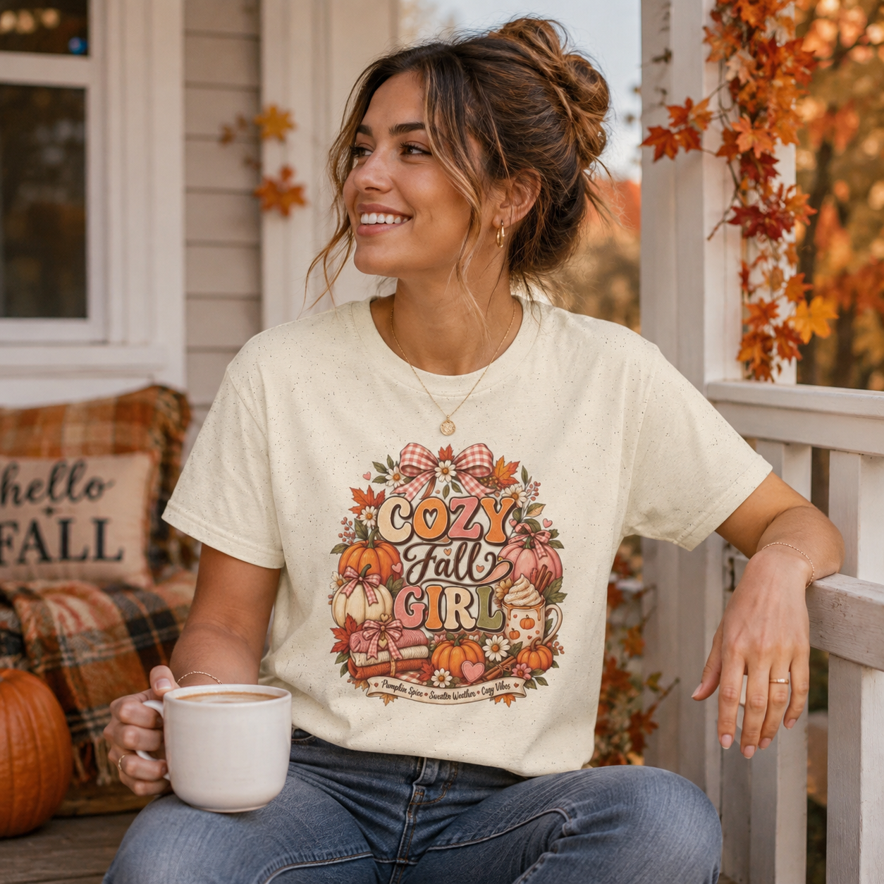 Cozy Fall Girl T-Shirt — Autumn Floral Pumpkin Graphic Tee