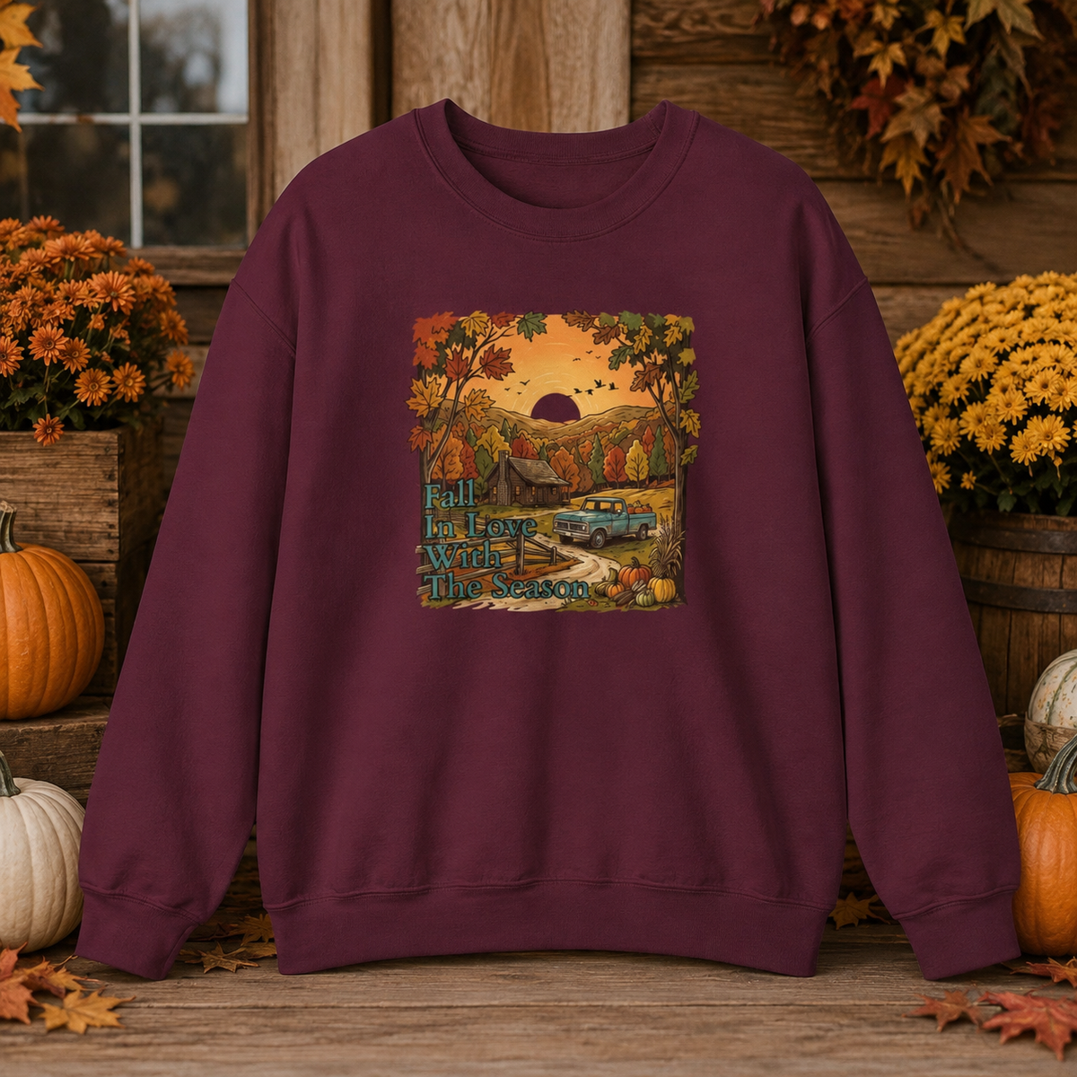 Autumn Cabin Sunset Crewneck Sweatshirt
