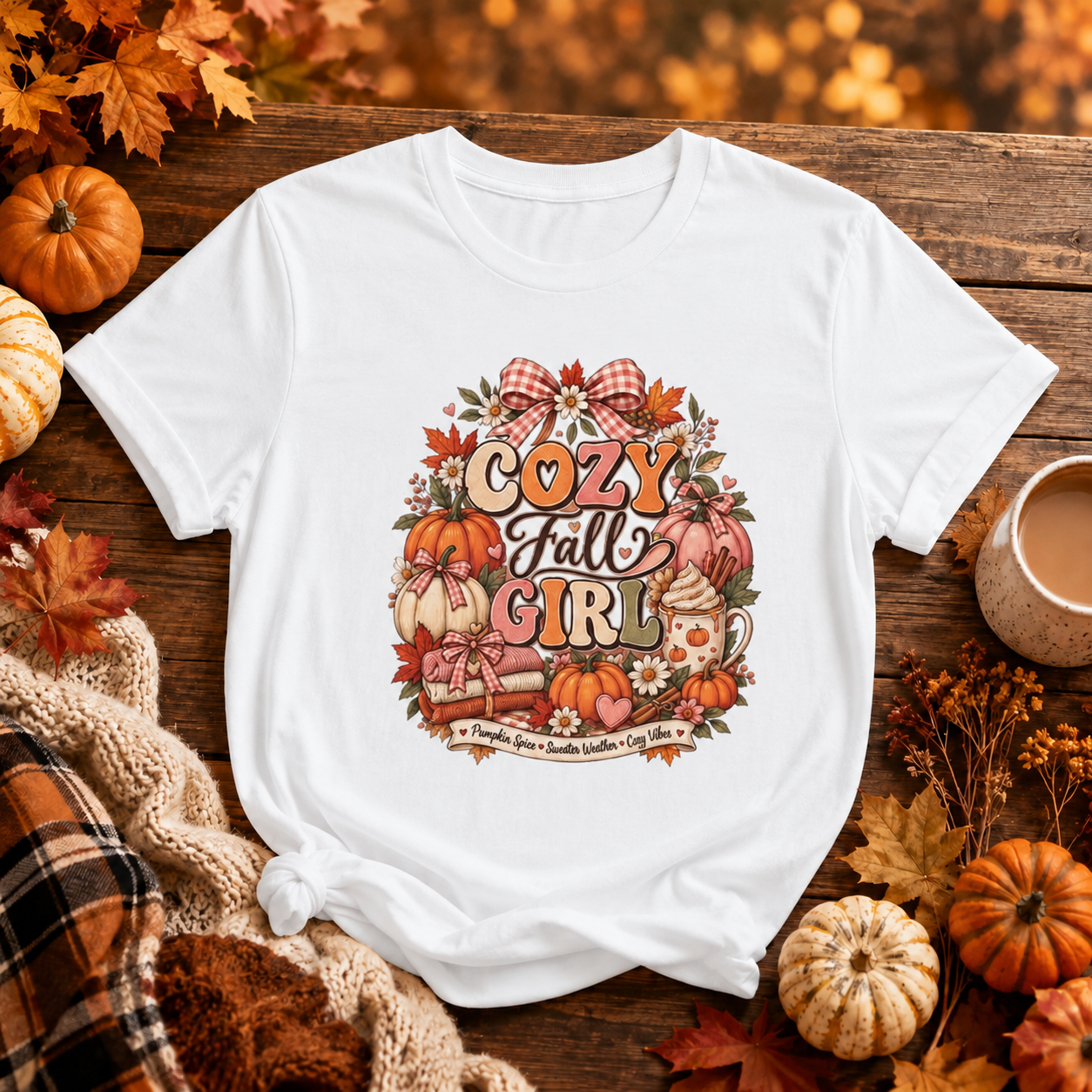 Cozy Fall Girl T-Shirt — Autumn Floral Pumpkin Graphic Tee