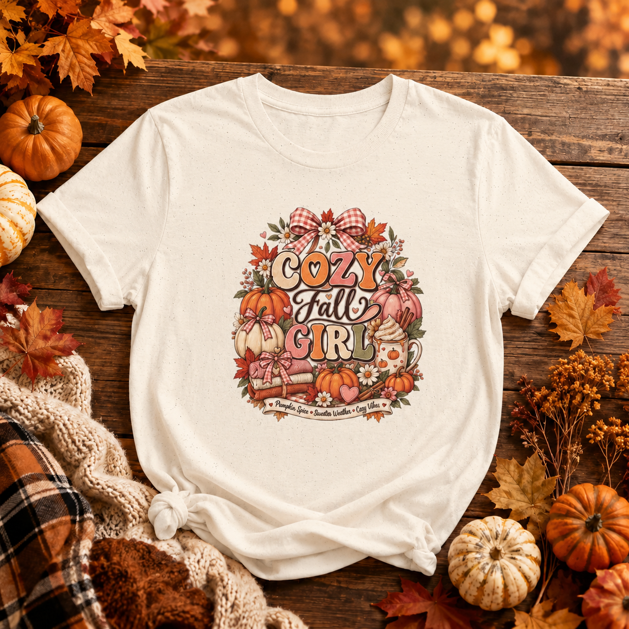 Cozy Fall Girl T-Shirt — Autumn Floral Pumpkin Graphic Tee