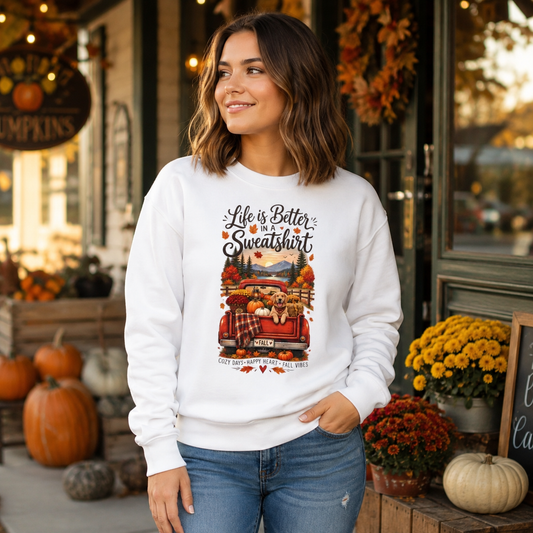 Life Is Better in a Sweatshirt Sweatshirt — Cozy Autumn Cabin Graphic
