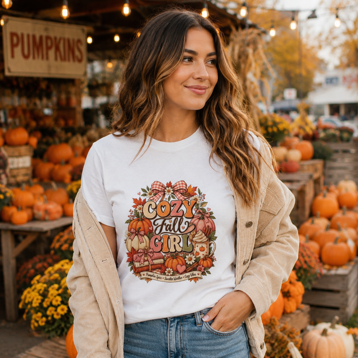 Cozy Fall Girl T-Shirt — Autumn Floral Pumpkin Graphic Tee