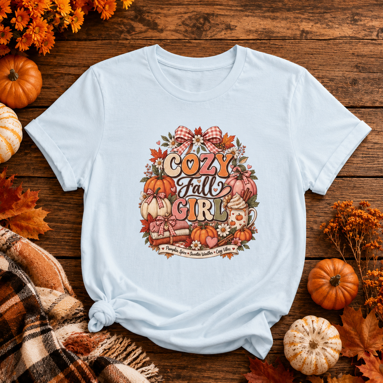 Cozy Fall Girl T-Shirt — Autumn Floral Pumpkin Graphic Tee